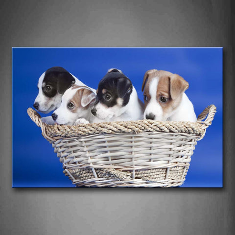 Four Dogs In Basket Blue Background Wall Art Painting Pictures Print On Canvas Animal The Picture For Home Modern Decoration 