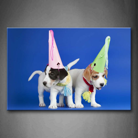 Two Dogs  Wear Cap In Blue Background Wall Art Painting Pictures Print On Canvas Animal The Picture For Home Modern Decoration 