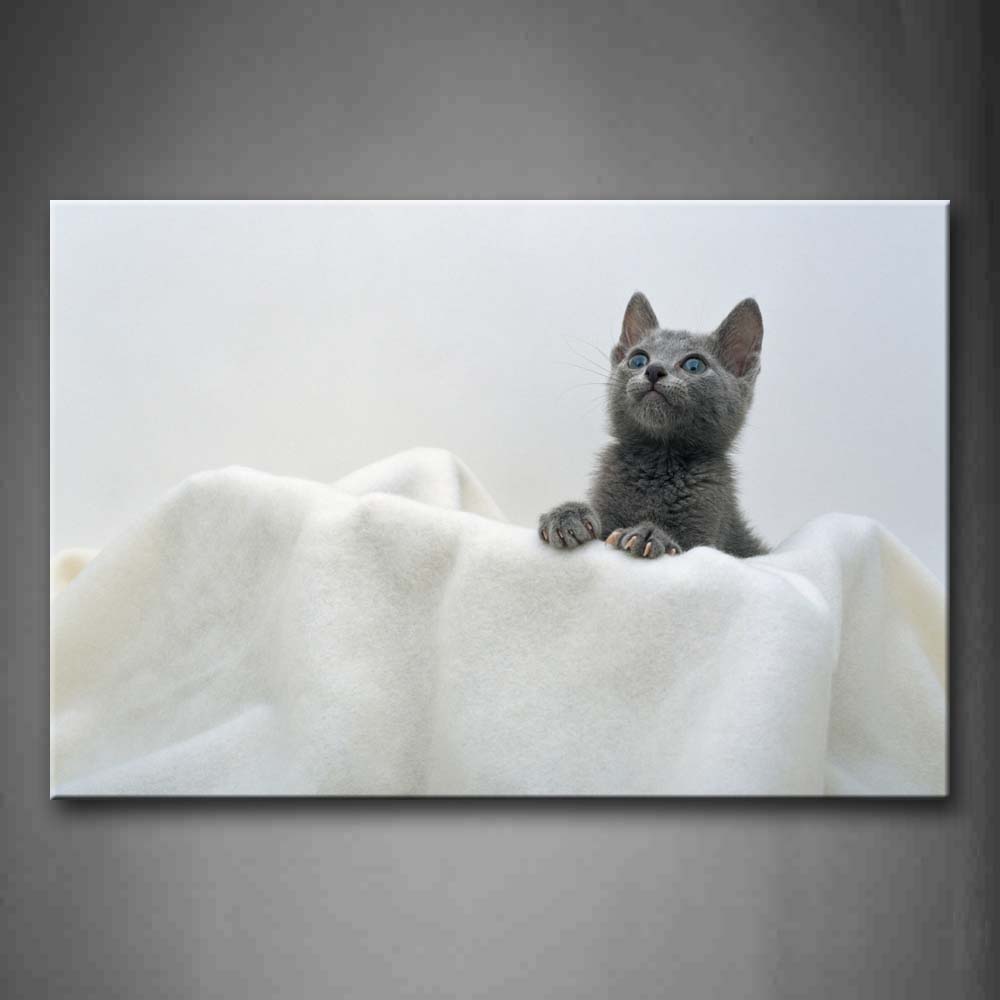 Gray Cat Bend Over On White Blanket  Wall Art Painting The Picture Print On Canvas Animal Pictures For Home Decor Decoration Gift 