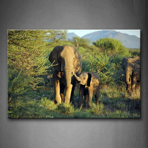 Elephants Walk On Grass Near Trees Mountain Wall Art Painting Pictures Print On Canvas Animal The Picture For Home Modern Decoration 