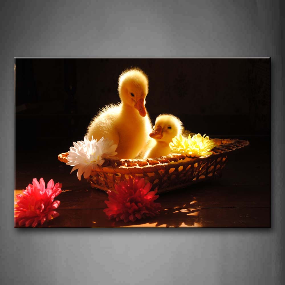 Ducks In The Basket With Flowers Wall Art Painting Pictures Print On Canvas Animal The Picture For Home Modern Decoration 