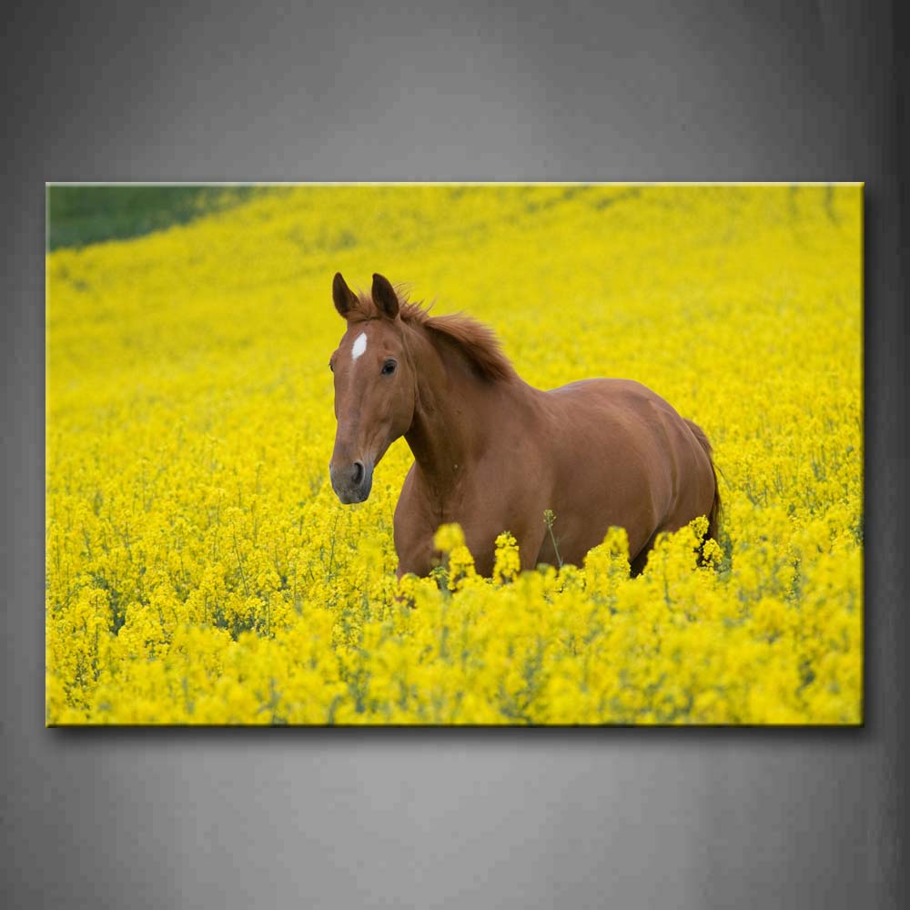 Yellow Orange Brown Horse Stand Among The Flowers Wall Art Painting The Picture Print On Canvas Animal Pictures For Home Decor Decoration Gift 