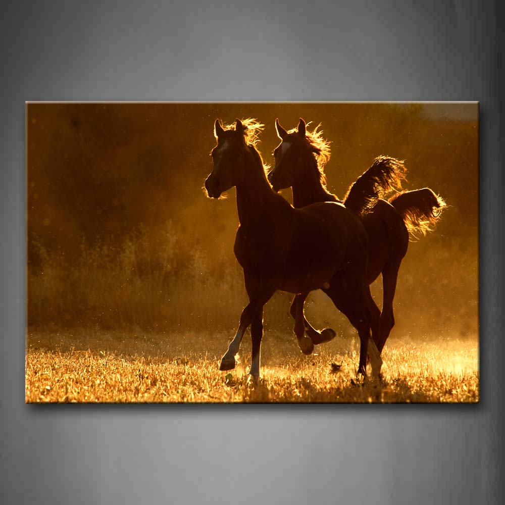 Two Brown Horses Walk On The Grass Wall Art Painting The Picture Print On Canvas Animal Pictures For Home Decor Decoration Gift 