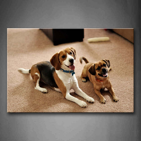 Brown Two Dogs Sit On The Floor With Tongues Hanging Out   Wall Art Painting Pictures Print On Canvas Animal The Picture For Home Modern Decoration 