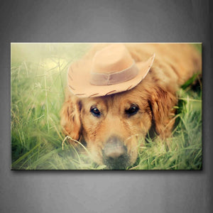 Yellow Dog Wear Hat Lying On Grass Wall Art Painting The Picture Print On Canvas Animal Pictures For Home Decor Decoration Gift 