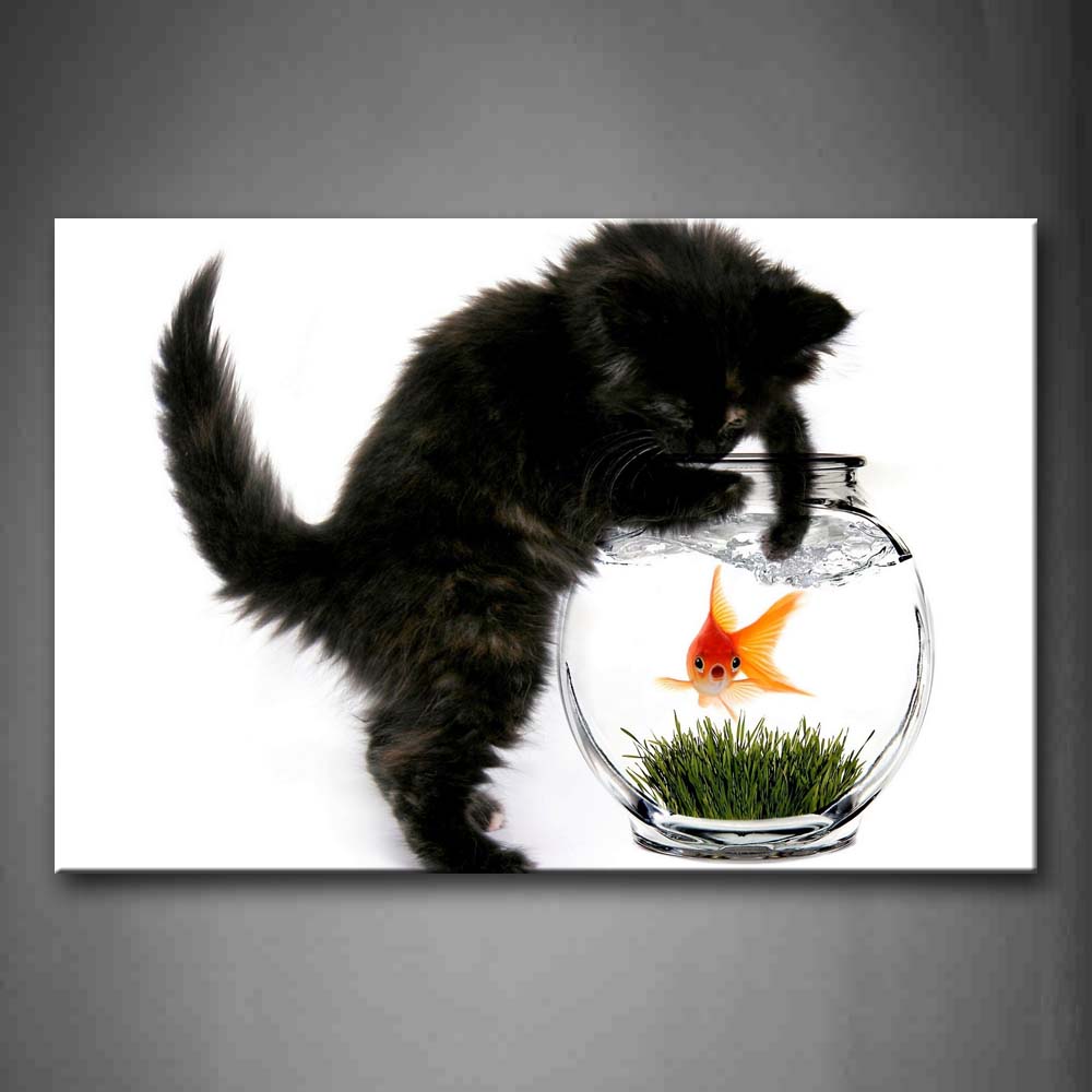 Black Cat Stand By Fish Tank And Want To Catch Fish  Wall Art Painting The Picture Print On Canvas Animal Pictures For Home Decor Decoration Gift 