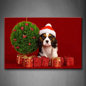 Red Dog Wear Christmas Hat Stand Among Gifts Ball Wall Art Painting Pictures Print On Canvas Animal The Picture For Home Modern Decoration 