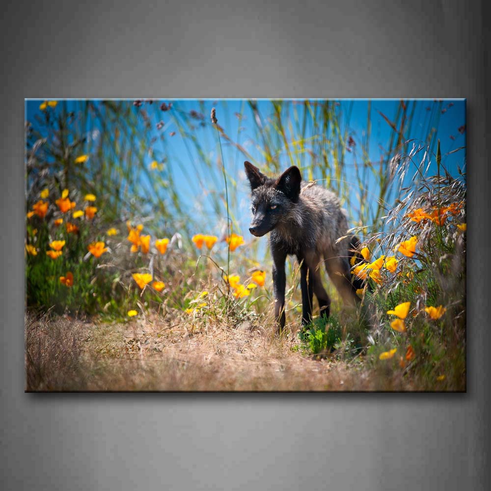 Black Fox Stand Near Flowers And Grass Wall Art Painting The Picture Print On Canvas Animal Pictures For Home Decor Decoration Gift 