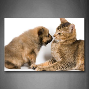 Cute Dog And Cute Cat At White Background Wall Art Painting Pictures Print On Canvas Animal The Picture For Home Modern Decoration 