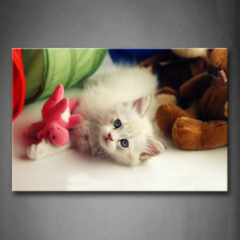 White Cat Play Toys On Floor  Wall Art Painting Pictures Print On Canvas Animal The Picture For Home Modern Decoration 