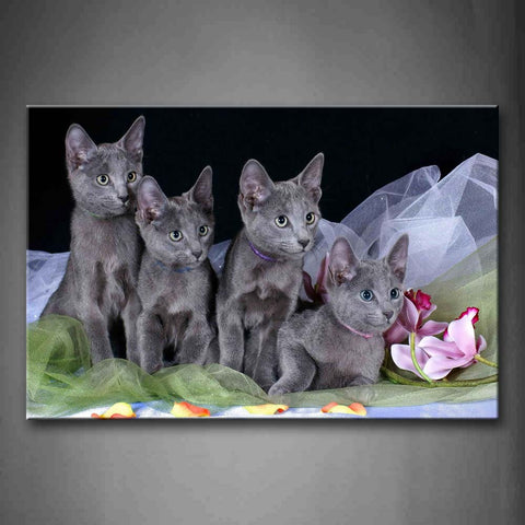 Four Gray Cats Sit Together Near Flowers Wall Art Painting The Picture Print On Canvas Animal Pictures For Home Decor Decoration Gift 