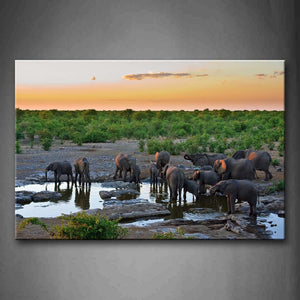 Elephants Stand On The River Near Trees Wall Art Painting Pictures Print On Canvas Animal The Picture For Home Modern Decoration 