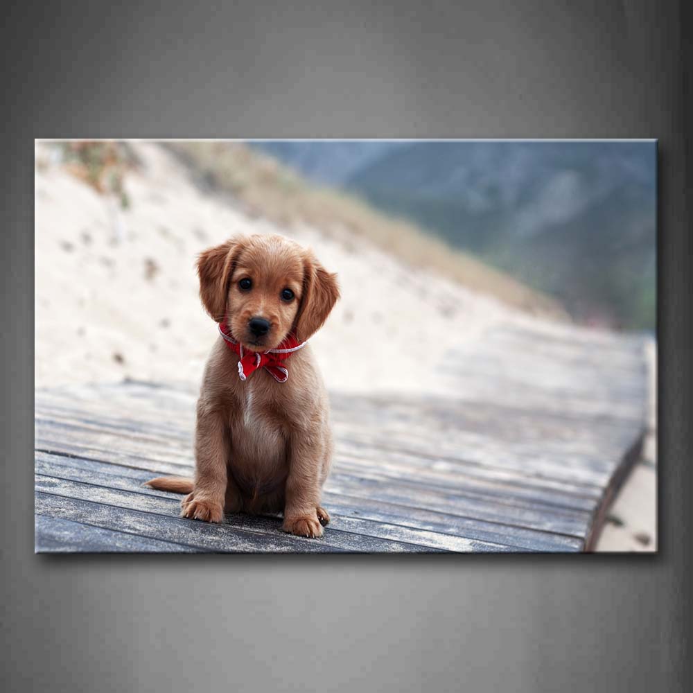 Little Dog Wear Red Scarf Sit On Wood Floor Wall Art Painting The Picture Print On Canvas Animal Pictures For Home Decor Decoration Gift 