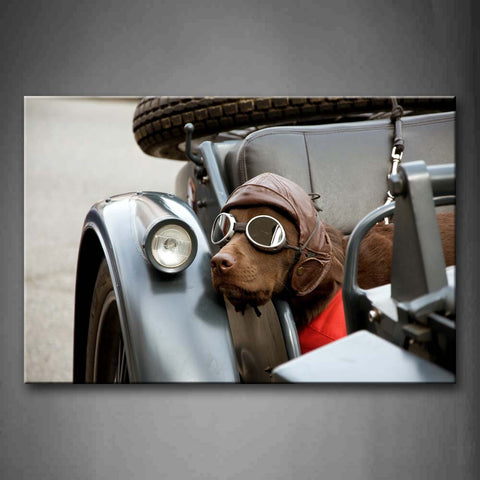 Brown Dog Wear Glasses And Hat Stand In Car Wall Art Painting Pictures Print On Canvas Animal The Picture For Home Modern Decoration 