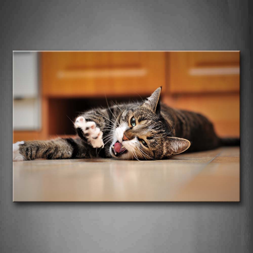 Cat Lie On Floor With Mouth Open Near Table Wall Art Painting The Picture Print On Canvas Animal Pictures For Home Decor Decoration Gift 