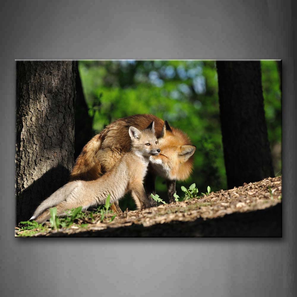 Old Fox Kiss Little Fox Under A Tree Wall Art Painting The Picture Print On Canvas Animal Pictures For Home Decor Decoration Gift 