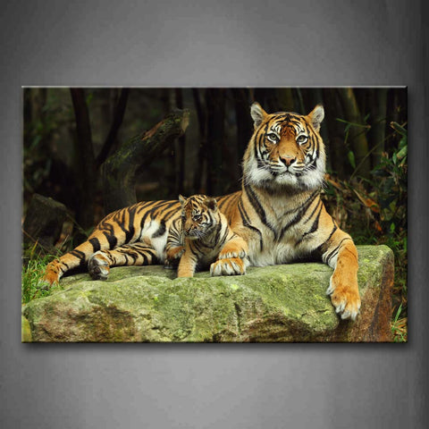 Two Tigers Lie On Stone In Forest Wall Art Painting The Picture Print On Canvas Animal Pictures For Home Decor Decoration Gift 