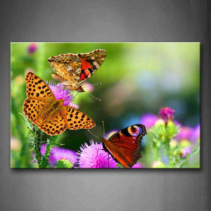 Three Butterfly Stay On Purple Flowers Wall Art Painting The Picture Print On Canvas Animal Pictures For Home Decor Decoration Gift 