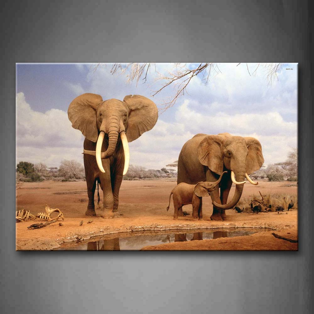 Brown Three Elephants Stay Near Pool  Wall Art Painting The Picture Print On Canvas Animal Pictures For Home Decor Decoration Gift 