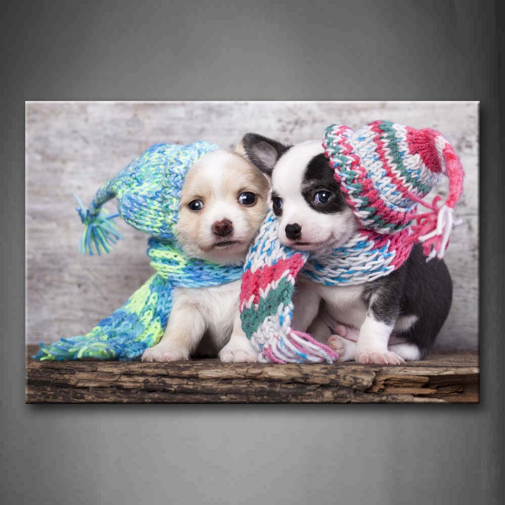 Two Cute Puppy Wear Hats And Scarves Wall Art Painting Pictures Print On Canvas Animal The Picture For Home Modern Decoration 