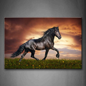 Black Horse Run On Lawn With Flowers Wall Art Painting The Picture Print On Canvas Animal Pictures For Home Decor Decoration Gift 