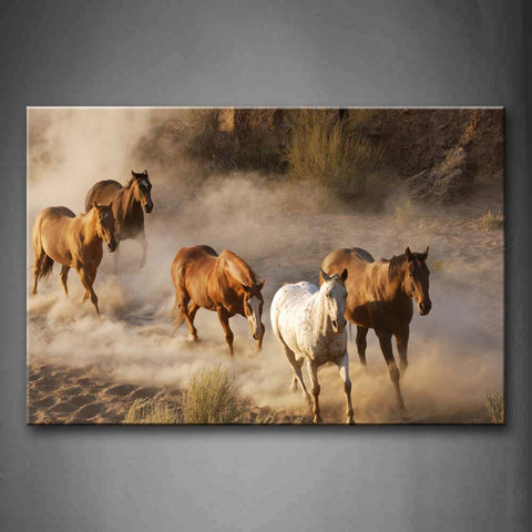 Five Horses Run On The Sand Land Wall Art Painting Pictures Print On Canvas Animal The Picture For Home Modern Decoration 