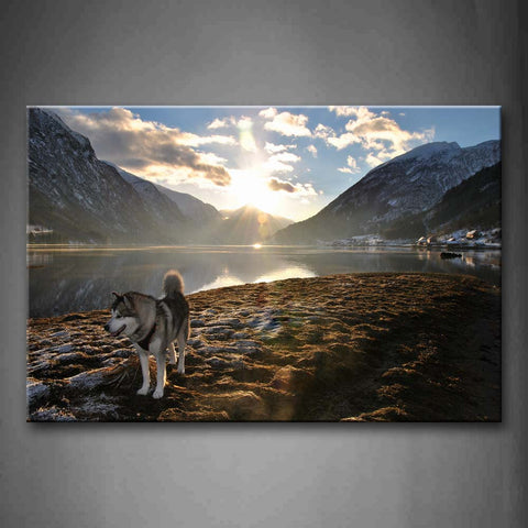 Gray And White Dog Stand On Lakeshore Near Mountain Wall Art Painting The Picture Print On Canvas Animal Pictures For Home Decor Decoration Gift 