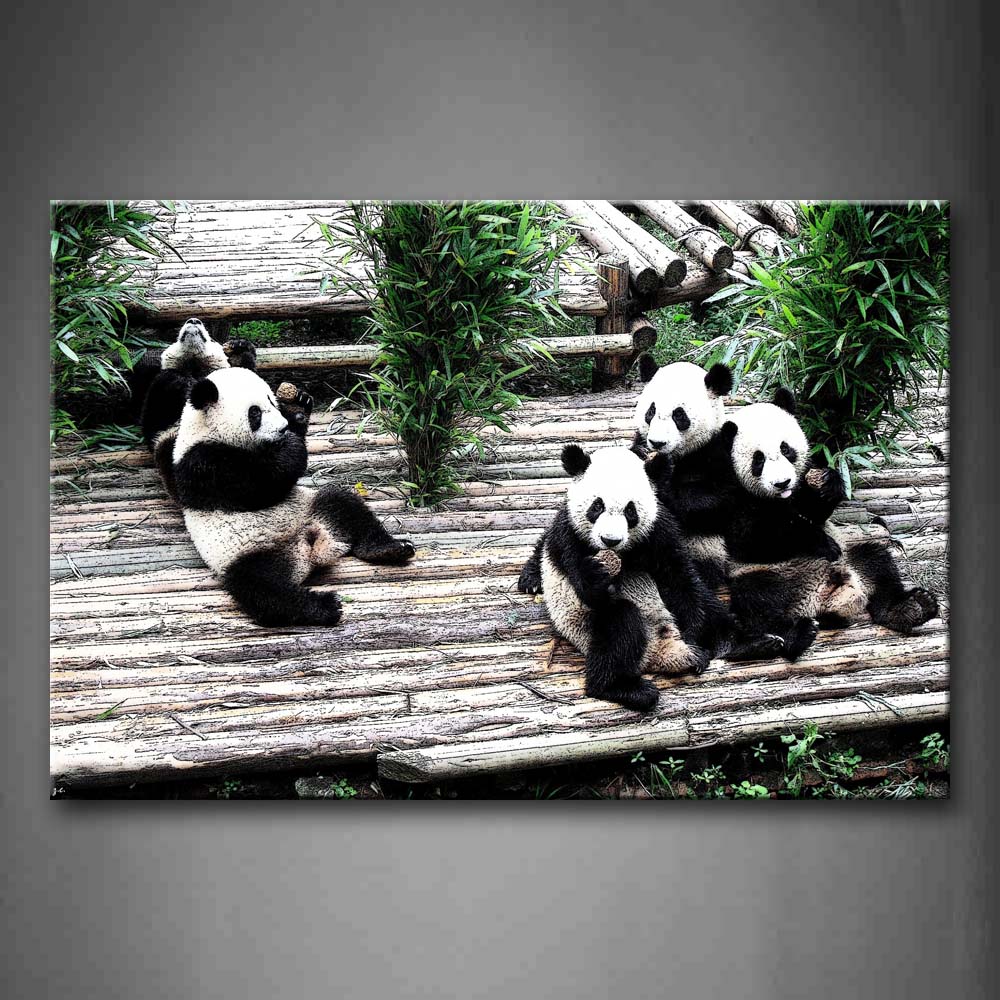 Pandas Sit On Wood Eat Food Near Bamboo Wall Art Painting The Picture Print On Canvas Animal Pictures For Home Decor Decoration Gift 