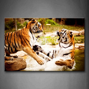 A Tiger Stand On Stone Near River And One In River Wall Art Painting The Picture Print On Canvas Animal Pictures For Home Decor Decoration Gift 