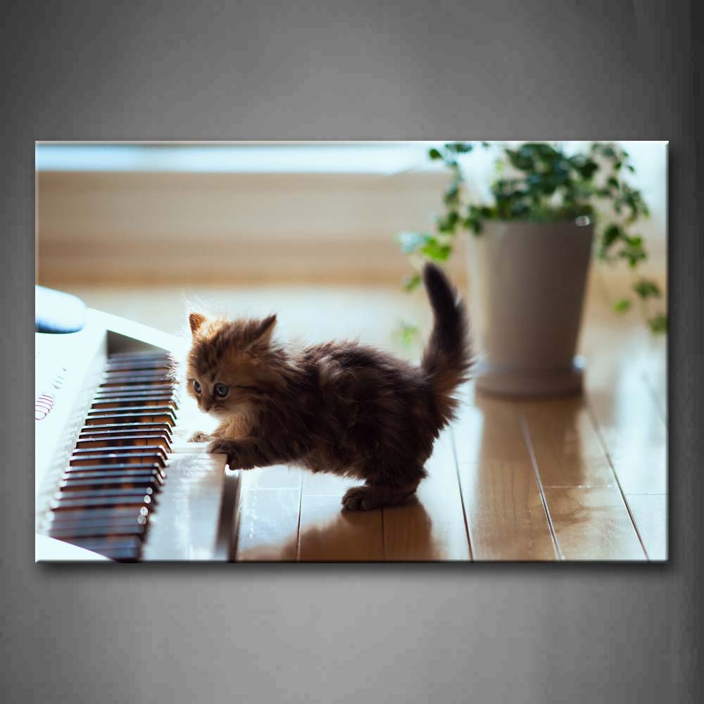 Cute Cat Play Piano Near Flowerpot Wall Art Painting Pictures Print On Canvas Animal The Picture For Home Modern Decoration 