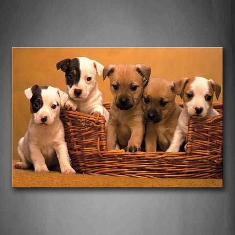 Brown Four Puppy Sit In Basket One Sit On Land Wall Art Painting Pictures Print On Canvas Animal The Picture For Home Modern Decoration 