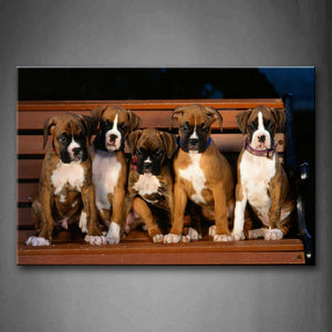 Brown Five Boxers Sit On Bench Wall Art Painting The Picture Print On Canvas Animal Pictures For Home Decor Decoration Gift 