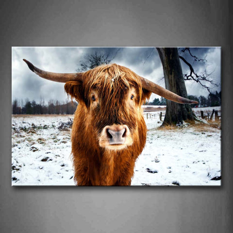 Brown Yellow Cow Stand On Snowfield Near Tree Wall Art Painting The Picture Print On Canvas Animal Pictures For Home Decor Decoration Gift 