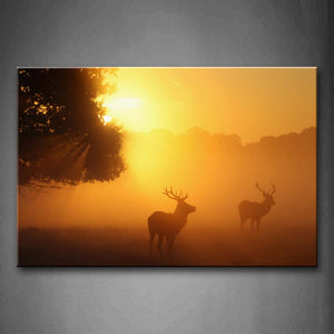 Yellow Orange Two Deers Stand Near Tree At Dusk Wall Art Painting The Picture Print On Canvas Animal Pictures For Home Decor Decoration Gift 