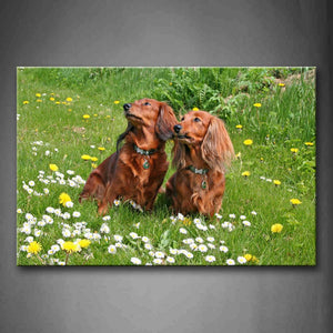 Two Brown Dogs Sit On Lawn With Flowers Wall Art Painting Pictures Print On Canvas Animal The Picture For Home Modern Decoration 