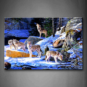 Wolves Stand With Stones And Tree Wall Art Painting Pictures Print On Canvas Animal The Picture For Home Modern Decoration 