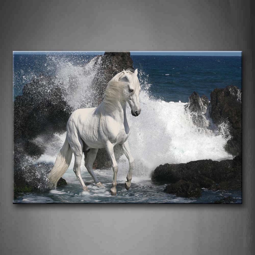 White Horse Stand On Seaside Near Waves Wall Art Painting Pictures Print On Canvas Animal The Picture For Home Modern Decoration 