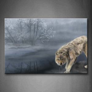 Wolf Drink Water Near Tree Wall Art Painting Pictures Print On Canvas Animal The Picture For Home Modern Decoration 