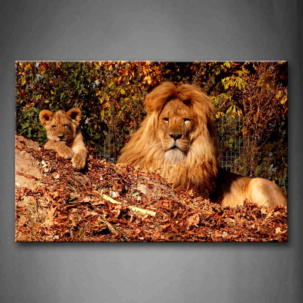 Brown Two Lions Lie On Ground Fallen Leaves Wall Art Painting The Picture Print On Canvas Animal Pictures For Home Decor Decoration Gift 