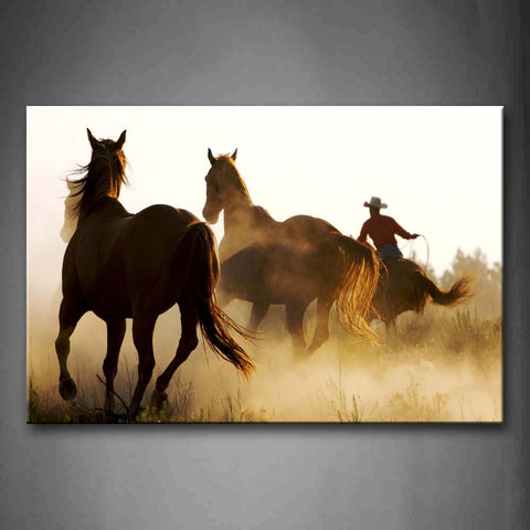 Person Ride A Horse Run With Two Horses Wall Art Painting The Picture Print On Canvas Animal Pictures For Home Decor Decoration Gift 