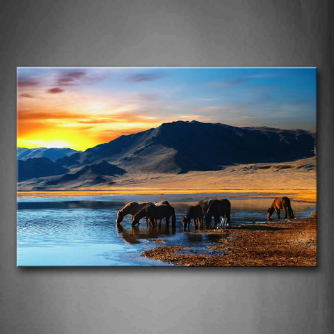 Horses Drink Water In Water Near Mountain  Wall Art Painting Pictures Print On Canvas Animal The Picture For Home Modern Decoration 