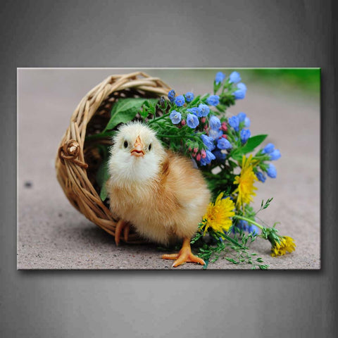 Little Yellow Chicken On Basket With Flowers Wall Art Painting Pictures Print On Canvas Animal The Picture For Home Modern Decoration 