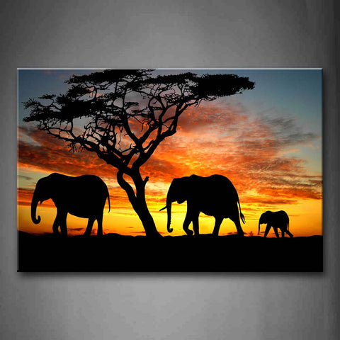 Three Elephants Walk Near Tree  Wall Art Painting Pictures Print On Canvas Animal The Picture For Home Modern Decoration 