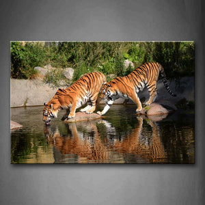 Two Tigers Walk On Stones In Water Wall Art Painting The Picture Print On Canvas Animal Pictures For Home Decor Decoration Gift 