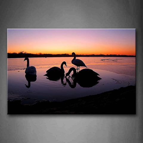 Swan On Water Sunset Glow Wall Art Painting The Picture Print On Canvas Animal Pictures For Home Decor Decoration Gift 