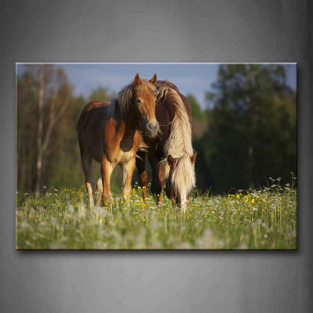 Two Brown Horses Stand On Grass  Wall Art Painting Pictures Print On Canvas Animal The Picture For Home Modern Decoration 