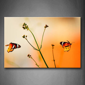 Yellow Orange Two Butterflies Fly Near Flowers Wall Art Painting Pictures Print On Canvas Animal The Picture For Home Modern Decoration 
