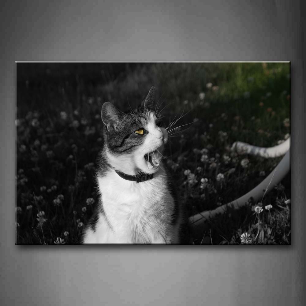 Black And White White Cat Stand Among Flowers Open Mouth  Wall Art Painting The Picture Print On Canvas Animal Pictures For Home Decor Decoration Gift 