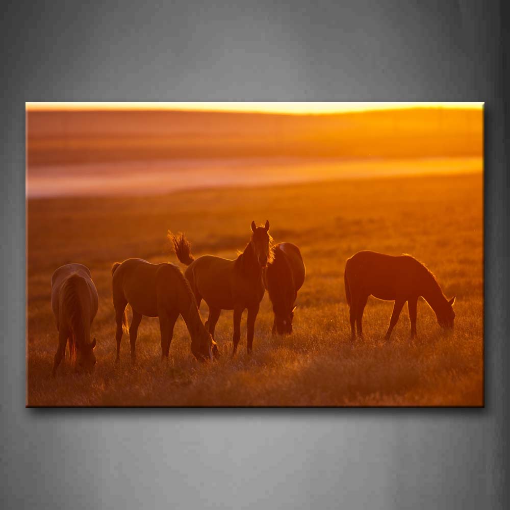 Yellow Orange Five Horses Eat Grass On Lawn  Wall Art Painting Pictures Print On Canvas Animal The Picture For Home Modern Decoration 