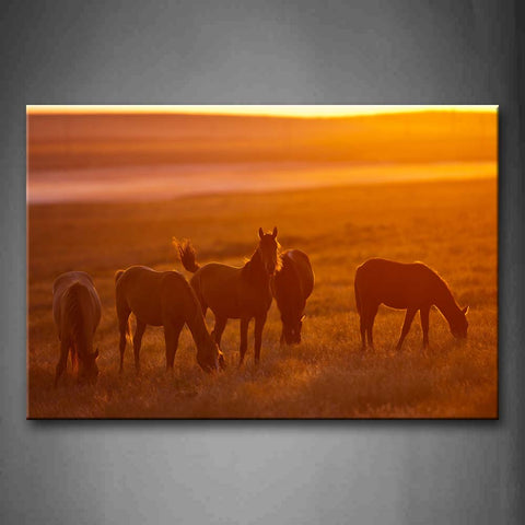 Yellow Orange Five Horses Eat Grass On Lawn  Wall Art Painting Pictures Print On Canvas Animal The Picture For Home Modern Decoration 